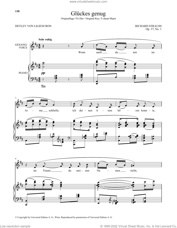 Gluckes Genug (Low Voice) sheet music for voice and piano (Low Voice) by Richard Strauss and Detlev von Liliencron, classical score, intermediate skill level