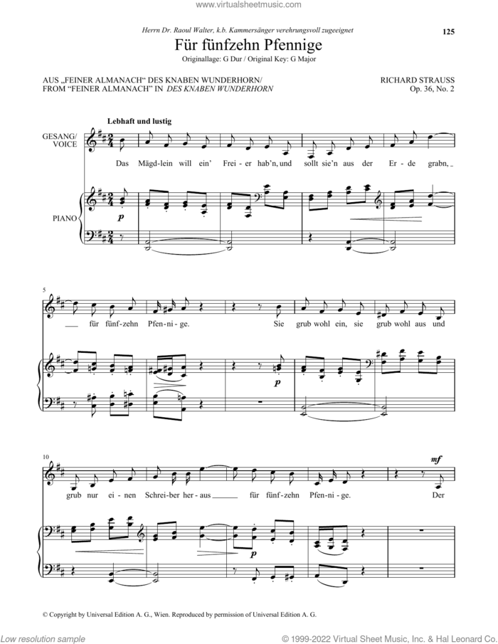 Fur Funfzehn Pfennige (Low Voice) sheet music for voice and piano (Low Voice) by Richard Strauss, classical score, intermediate skill level