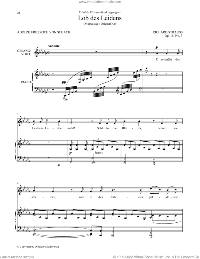 Lob Des Leidens (Low Voice) sheet music for voice and piano (Low Voice) by Richard Strauss and Adolph Friedrich von Schack, classical score, intermediate skill level
