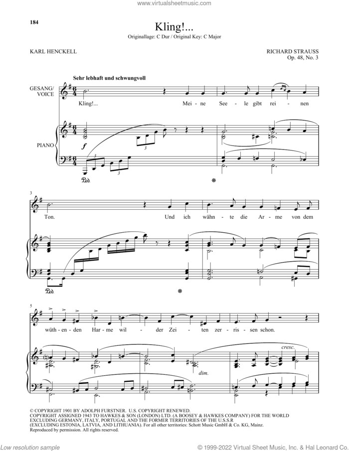 Kling! (Low Voice) sheet music for voice and piano (Low Voice) by Richard Strauss and Karl Henckell, classical score, intermediate skill level