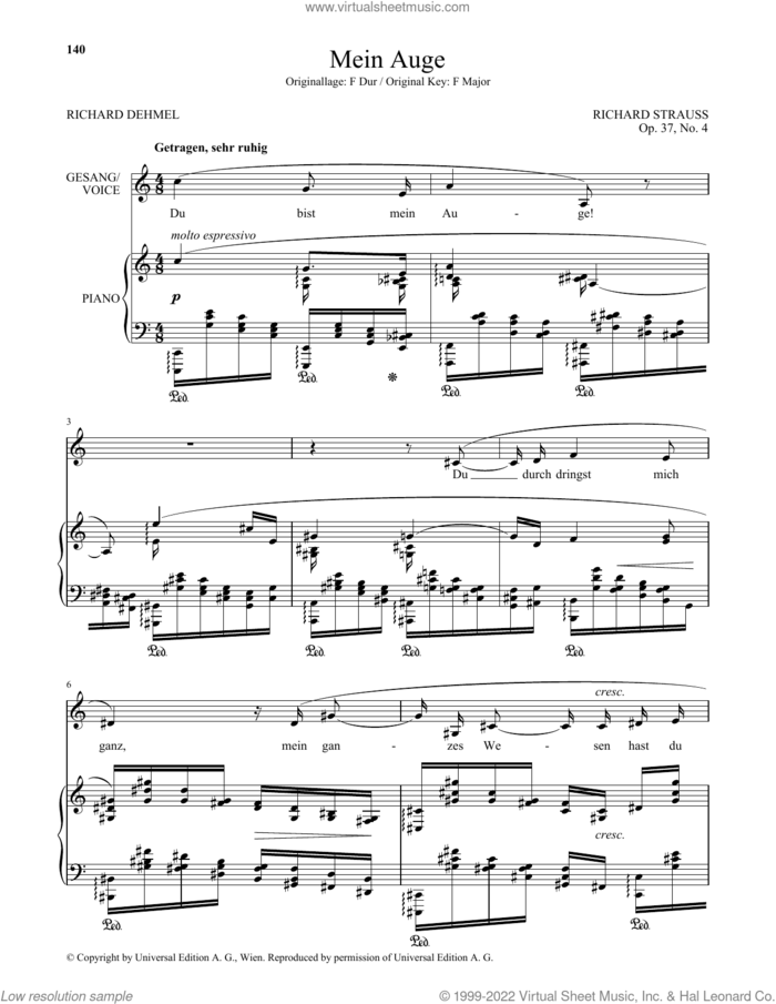 Mein Auge (Low Voice) sheet music for voice and piano (Low Voice) by Richard Strauss and Richard Dehmel, classical score, intermediate skill level