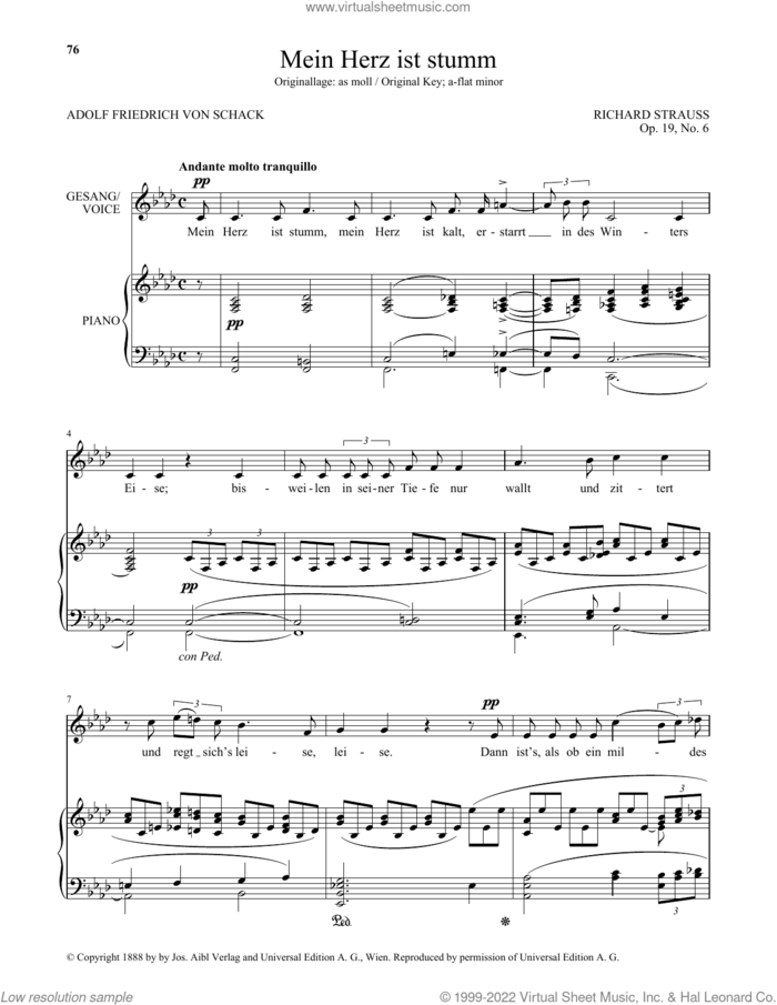 Mein Herz Ist Stumm (Low Voice) sheet music for voice and piano (Low Voice) by Richard Strauss and Adolf Friedrich von Schack, classical score, intermediate skill level