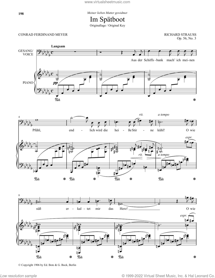 Im Spatboot (Low Voice) sheet music for voice and piano (Low Voice) by Richard Strauss and Conrad Ferdinand Meyer, classical score, intermediate skill level