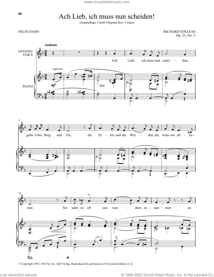 Ach Lieb, Ich Muss Nun Scheiden! (Low Voice) sheet music for voice and piano (Low Voice) by Richard Strauss and Felix Dahn, classical score, intermediate skill level