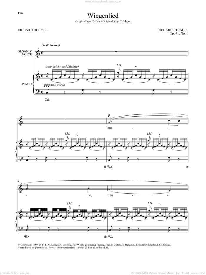 Wiegenlied (Low Voice) sheet music for voice and piano (Low Voice) by Richard Strauss and Richard Dehmel, classical score, intermediate skill level