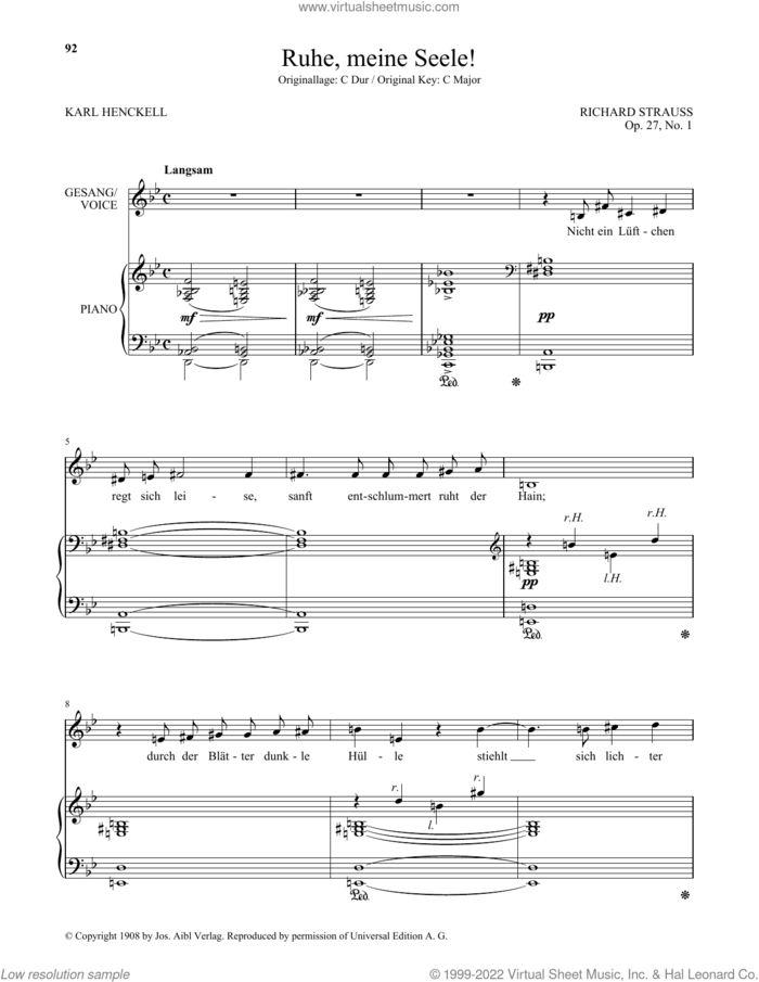 Ruhe, Meine Seele! (Low Voice) sheet music for voice and piano (Low Voice) by Richard Strauss and Karl Henckell, classical score, intermediate skill level