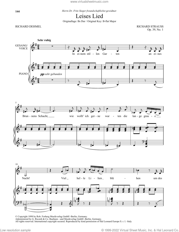 Leises Lied (Low Voice) sheet music for voice and piano (Low Voice) by Richard Strauss and Richard Dehmel, classical score, intermediate skill level