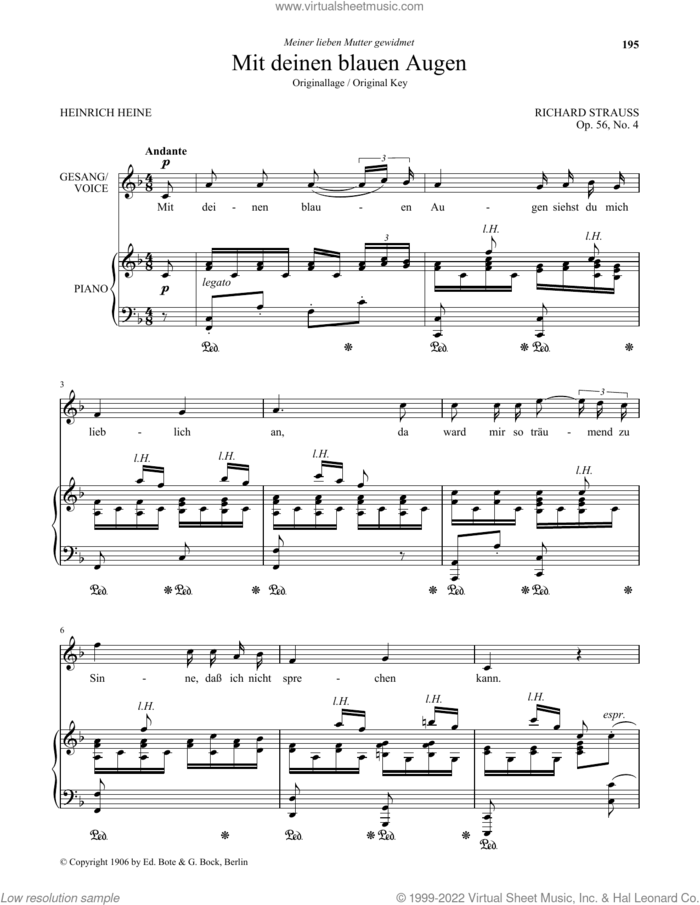 Mit Deinen Blauen Augen (Low Voice) sheet music for voice and piano (Low Voice) by Richard Strauss and Heinrich Heine, classical score, intermediate skill level