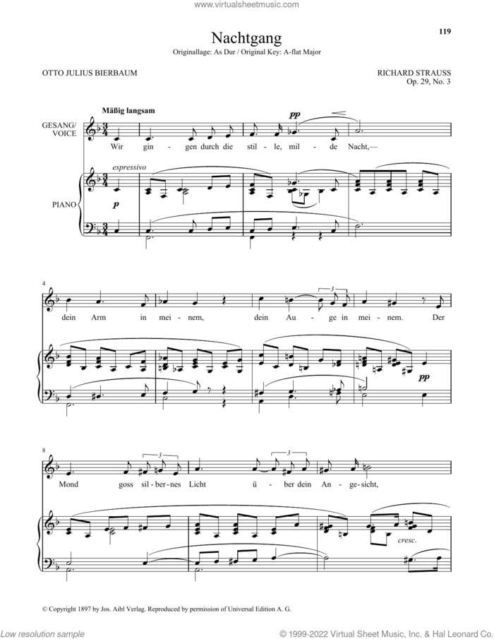 Nachtgang (Low Voice) sheet music for voice and piano (Low Voice) by Richard Strauss and Otto Julius Bierbaum, classical score, intermediate skill level