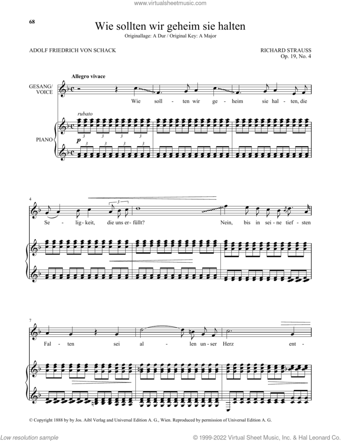 Wie Sollten Wir Geheim Sie Halten (Low Voice) sheet music for voice and piano (Low Voice) by Richard Strauss and Adolf Friedrich von Schack, classical score, intermediate skill level