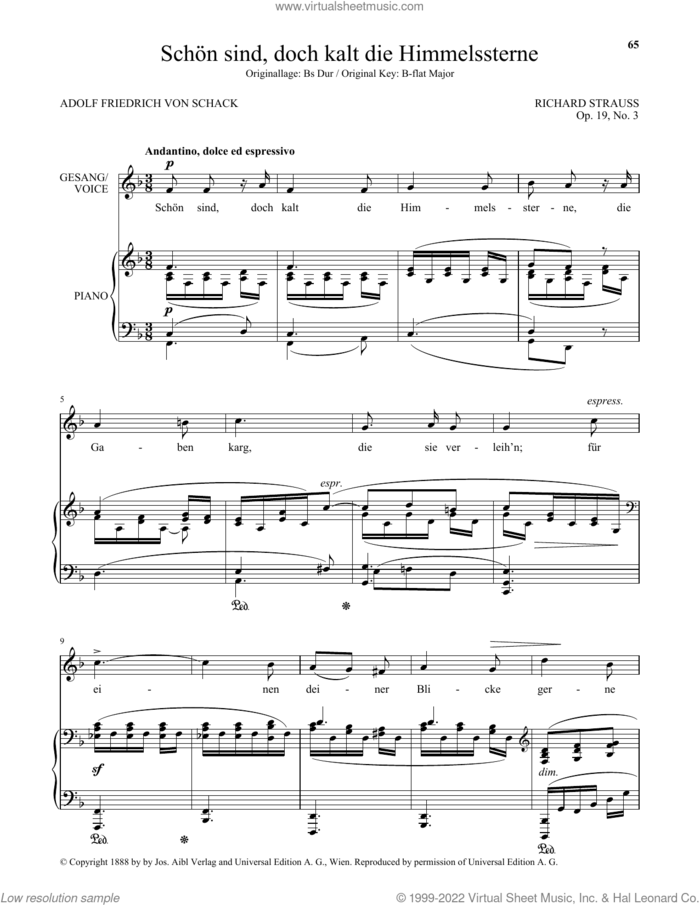 Schon Sind, Doch Kalt Die Himmelssterne (Low Voice) sheet music for voice and piano (Low Voice) by Richard Strauss and Adolf Friedrich von Schack, classical score, intermediate skill level