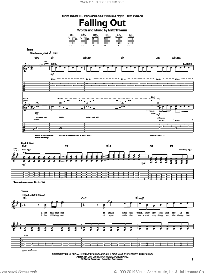 Falling Out sheet music for guitar (tablature) by Relient K and Matt Theissen, intermediate skill level