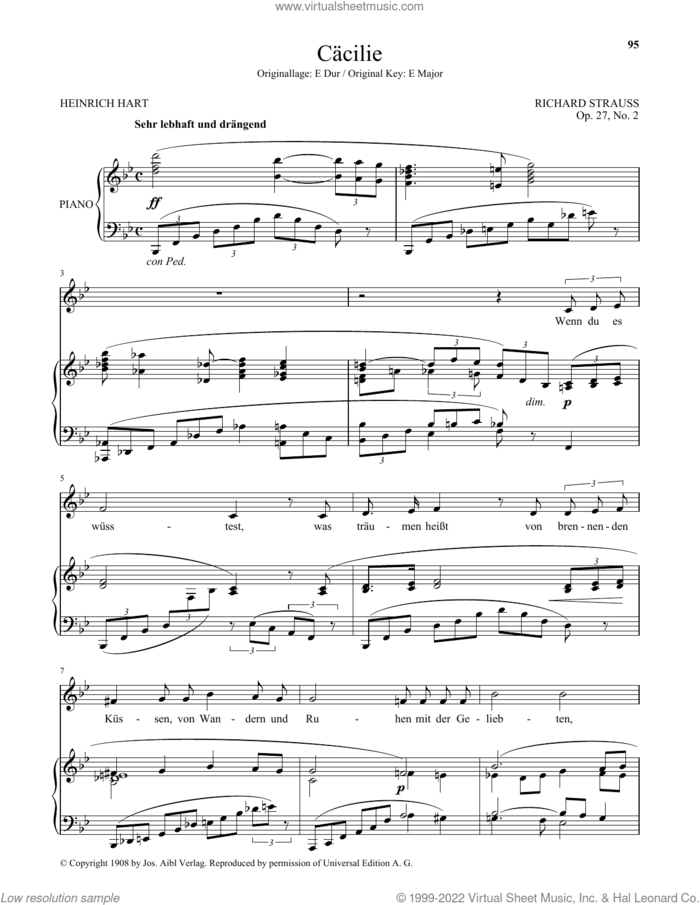 Cacilie (Low Voice) sheet music for voice and piano (Low Voice) by Richard Strauss and Heinrich Hart, classical score, intermediate skill level