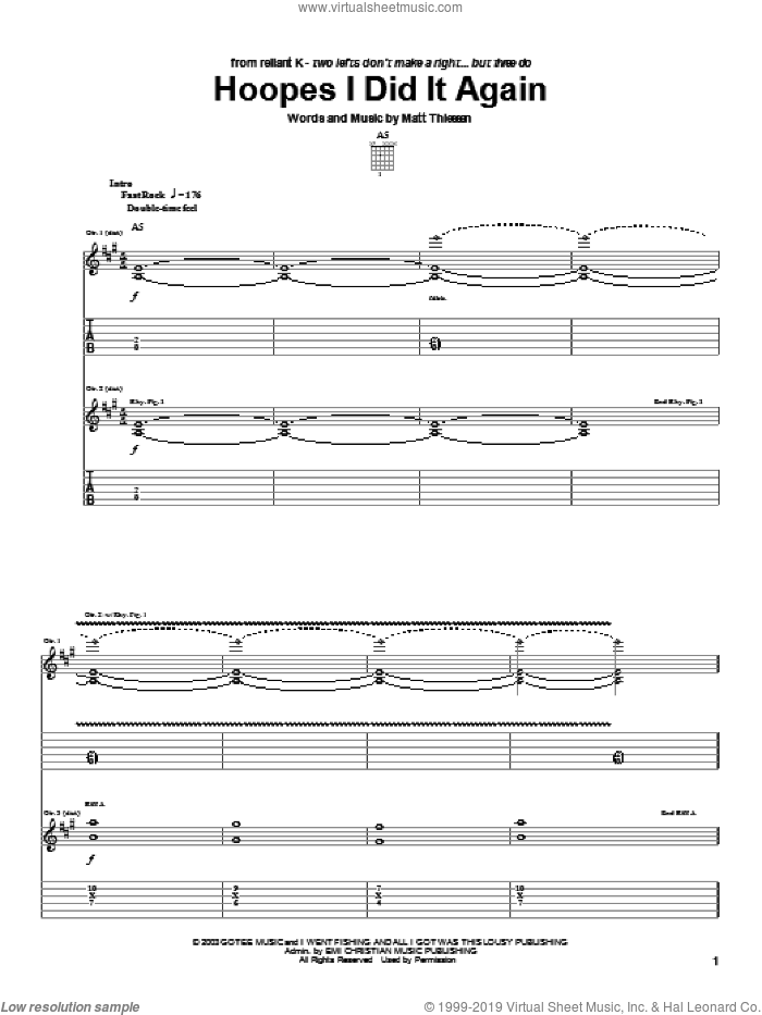 Hoopes I Did It Again sheet music for guitar (tablature) by Relient K and Matt Theissen, intermediate skill level