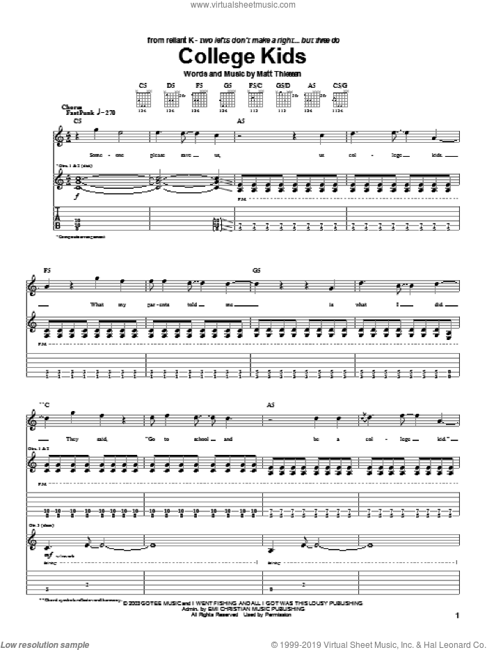 College Kids sheet music for guitar (tablature) by Relient K and Matt Theissen, intermediate skill level