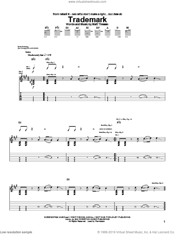 Trademark sheet music for guitar (tablature) by Relient K and Matt Theissen, intermediate skill level