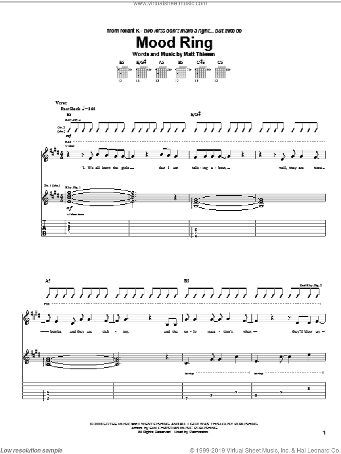 Mood Ring sheet music for guitar (tablature) by Relient K and Matt Theissen, intermediate skill level