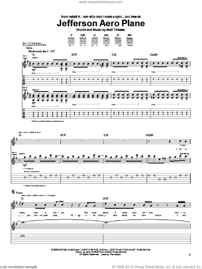 Jefferson Aero Plane sheet music for guitar (tablature) by Relient K and Matt Theissen, intermediate skill level