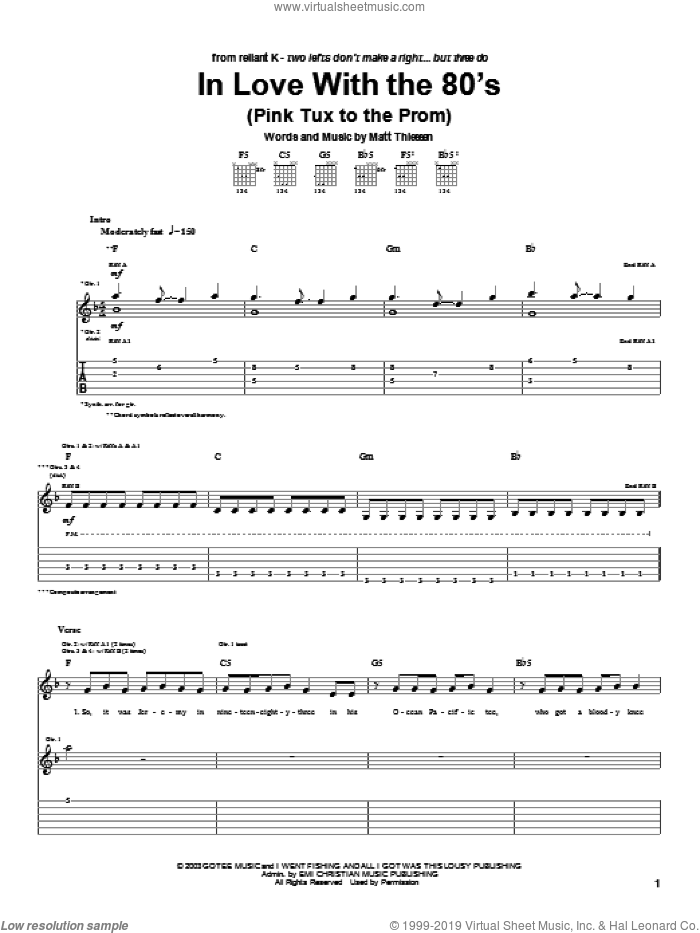 In Love With The 80's (Pink Tux To The Prom) sheet music for guitar (tablature) by Relient K and Matt Theissen, intermediate skill level