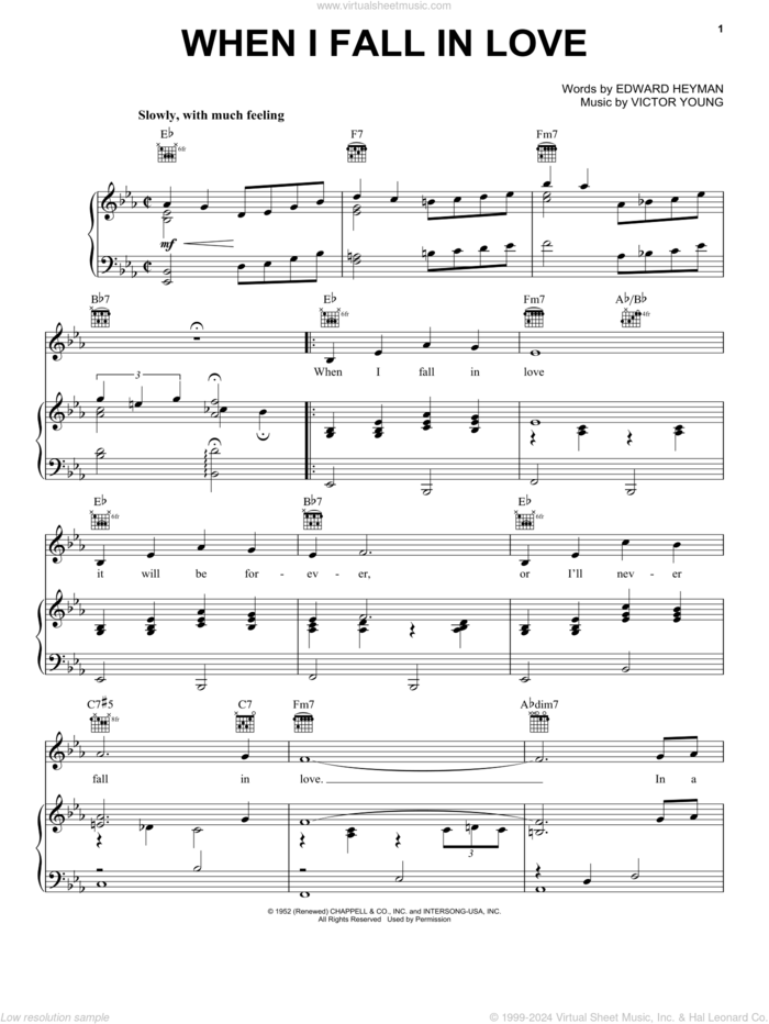 When I Fall In Love sheet music for voice, piano or guitar by Doris Day, Edward Heyman and Victor Young, intermediate skill level