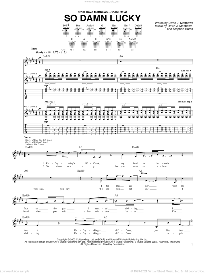 So Damn Lucky sheet music for guitar (tablature) by Dave Matthews, David Matthews and Steve Harris, intermediate skill level