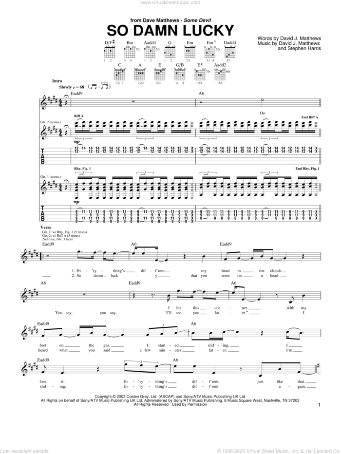 So Damn Lucky sheet music for guitar (tablature) by Dave Matthews, David Matthews and Steve Harris, intermediate skill level