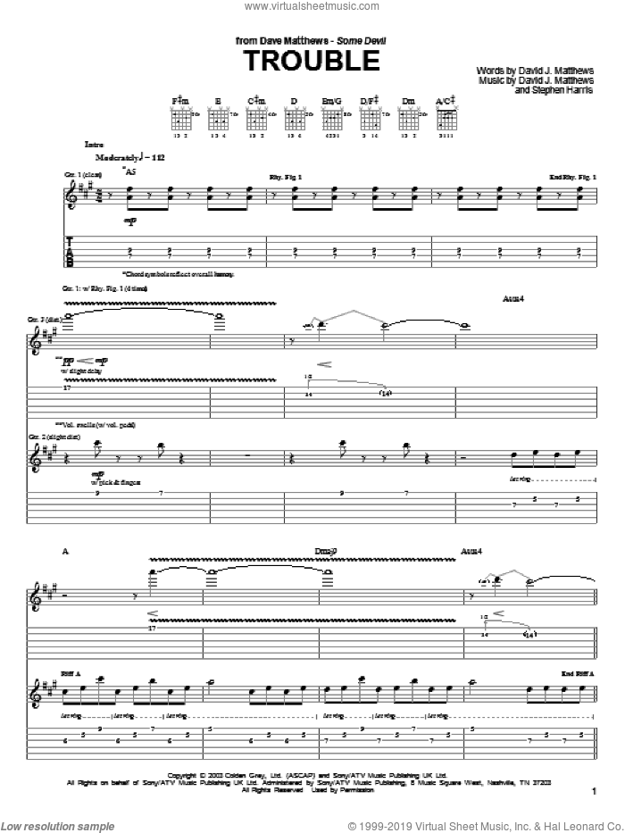 Trouble sheet music for guitar (tablature) by Dave Matthews, David Matthews and Steve Harris, intermediate skill level