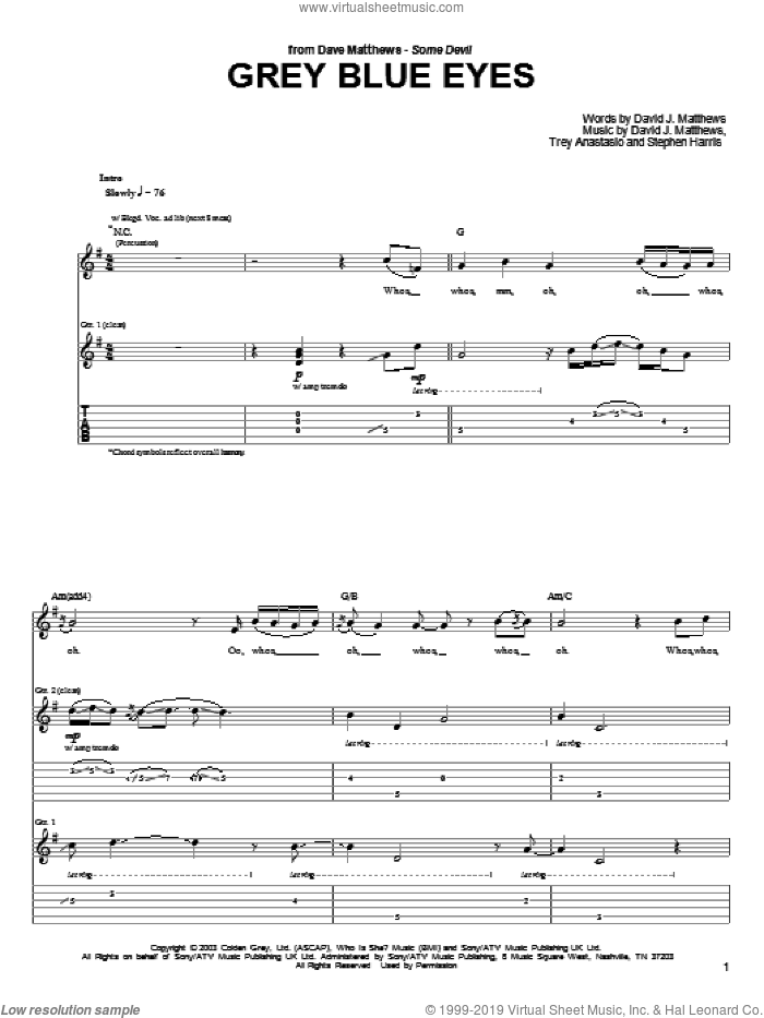 Grey Blue Eyes sheet music for guitar (tablature) by Dave Matthews, David Matthews, Steve Harris and Trey Anastasio, intermediate skill level