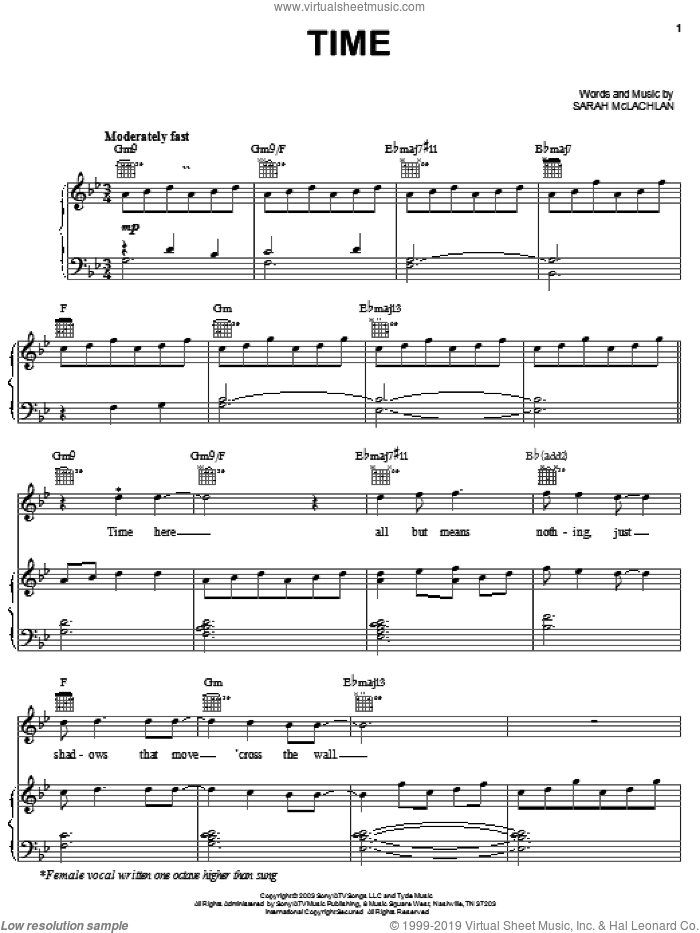 Time sheet music for voice, piano or guitar by Sarah McLachlan, intermediate skill level