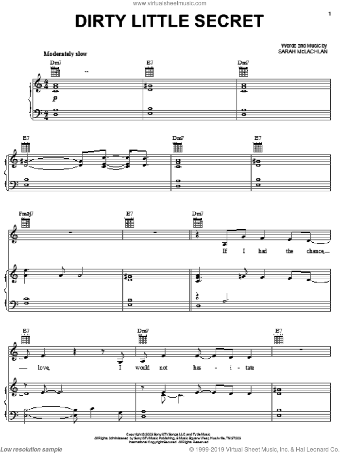 Dirty Little Secret sheet music for voice, piano or guitar by Sarah McLachlan, intermediate skill level