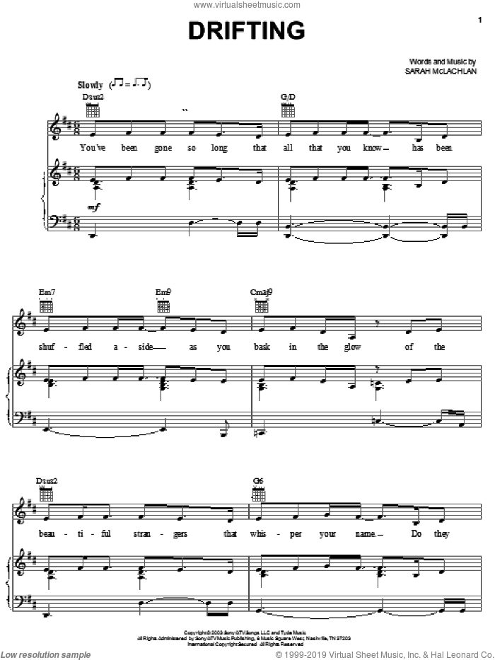 Drifting sheet music for voice, piano or guitar by Sarah McLachlan, intermediate skill level