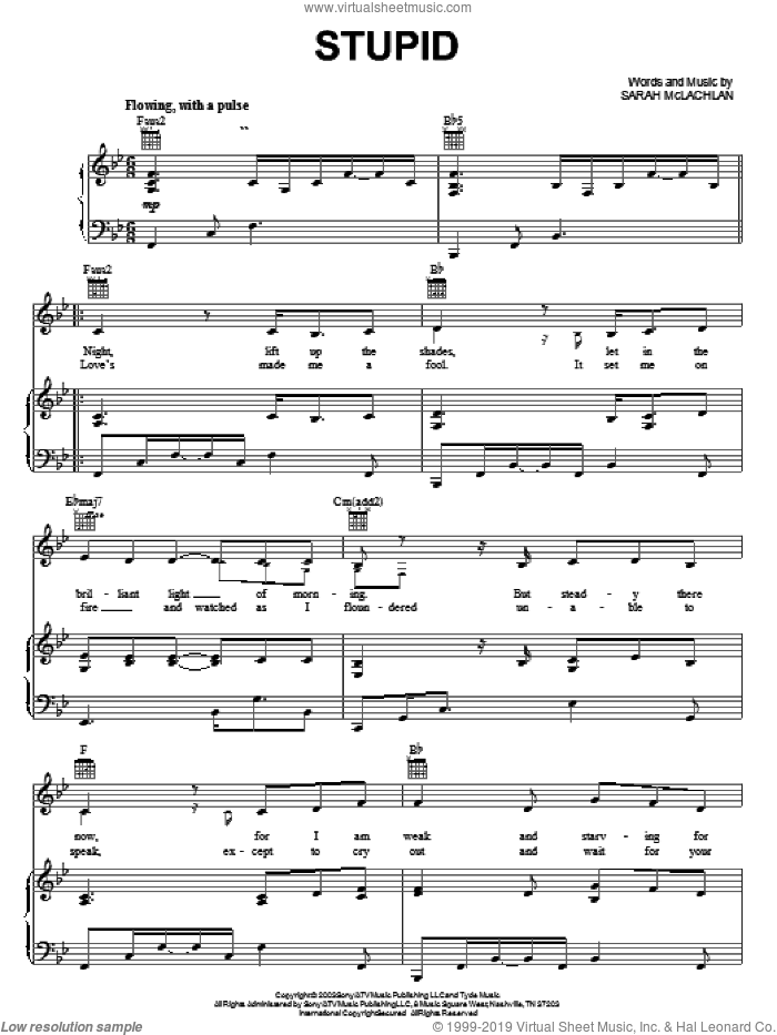 Stupid sheet music for voice, piano or guitar by Sarah McLachlan, intermediate skill level