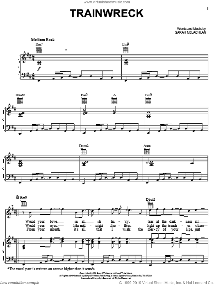 Train Wreck sheet music for voice, piano or guitar by Sarah McLachlan, intermediate skill level