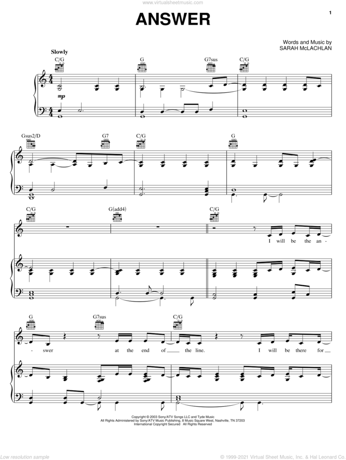 Answer sheet music for voice, piano or guitar by Sarah McLachlan, intermediate skill level