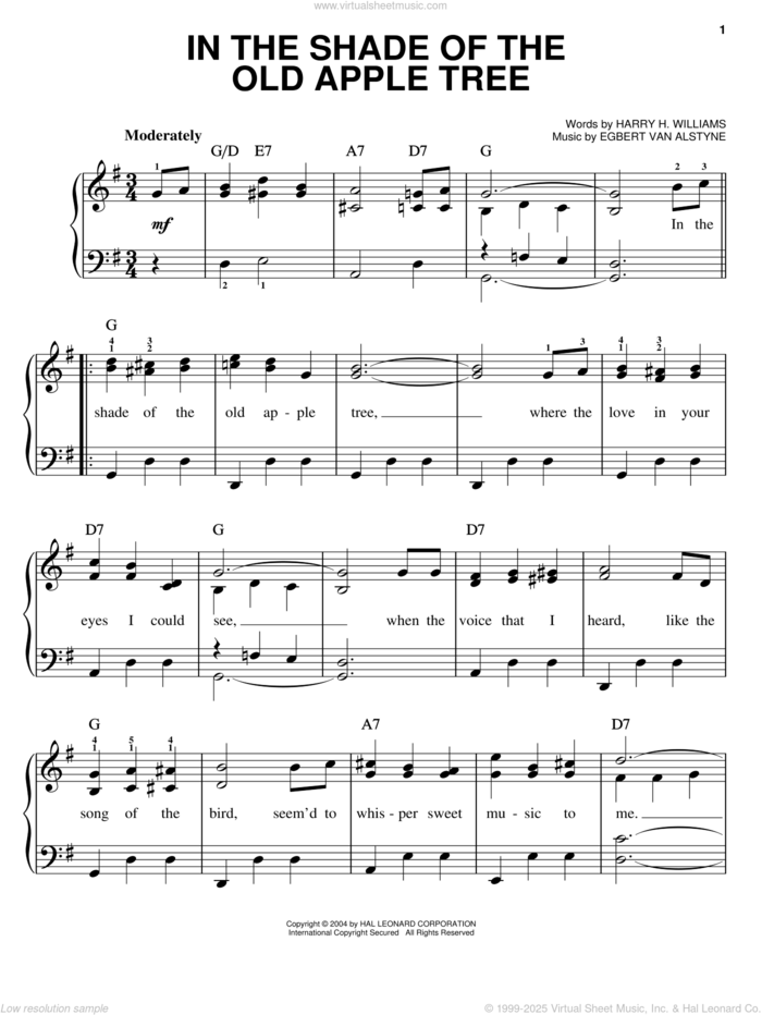 In The Shade Of The Old Apple Tree sheet music for piano solo by Harry H. Williams and Egbert Van Alstyne, Duke Ellington, Louis Armstrong, The Mills Brothers, Egbert Van Alstyne and Harry Williams, easy skill level