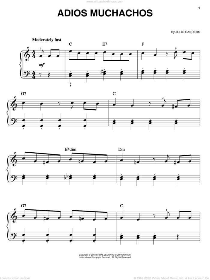 Adios Muchachos sheet music for piano solo by Carlos Gardel and Julio Cesar Sanders, easy skill level