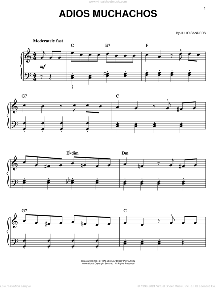 Adios Muchachos sheet music for piano solo by Carlos Gardel and Julio Cesar Sanders, easy skill level