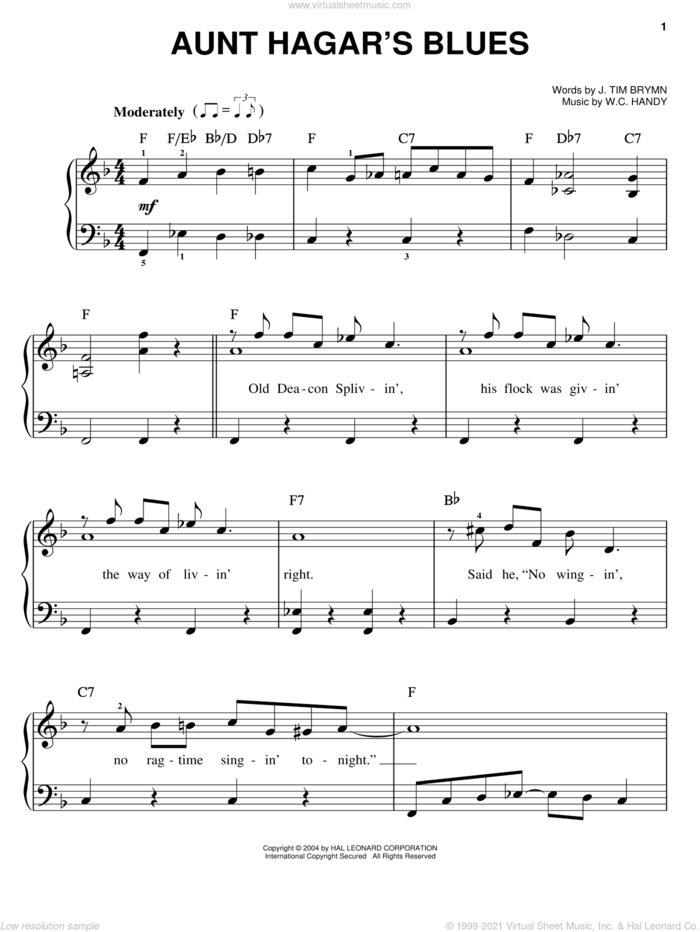 Aunt Hagar's Blues sheet music for piano solo by Lena Horne, Art Tatum, Jack Teagarden, J. Tim Brymn and W.C. Handy, easy skill level