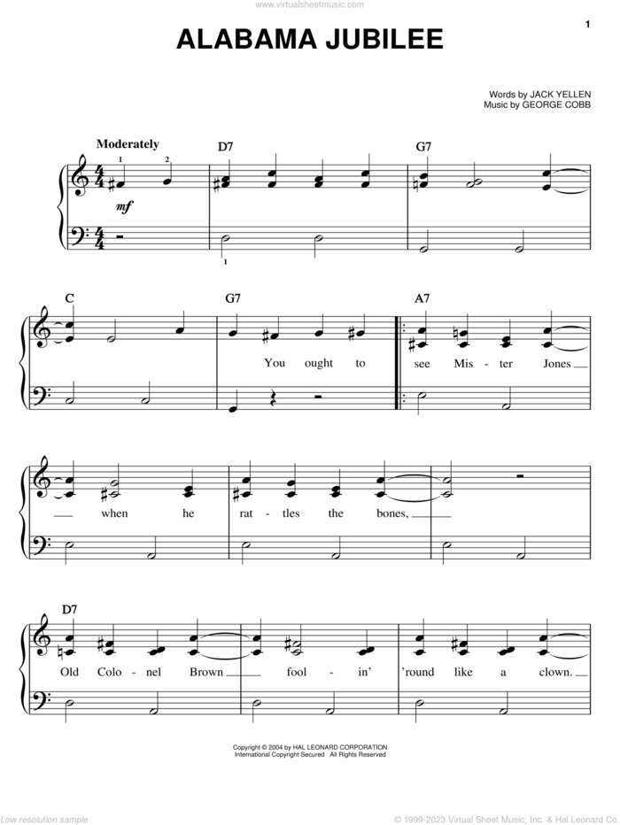 Alabama Jubilee sheet music for piano solo by Jerry Reed, Ferco String Band, Leon Redbone, George L. Cobb and Jack Yellen, easy skill level