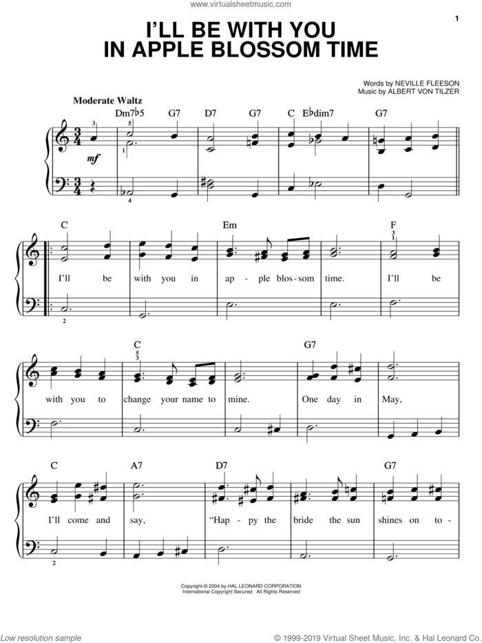I'll Be With You In Apple Blossom Time sheet music for piano solo by Neville Fleeson and Albert von Tilzer, easy skill level