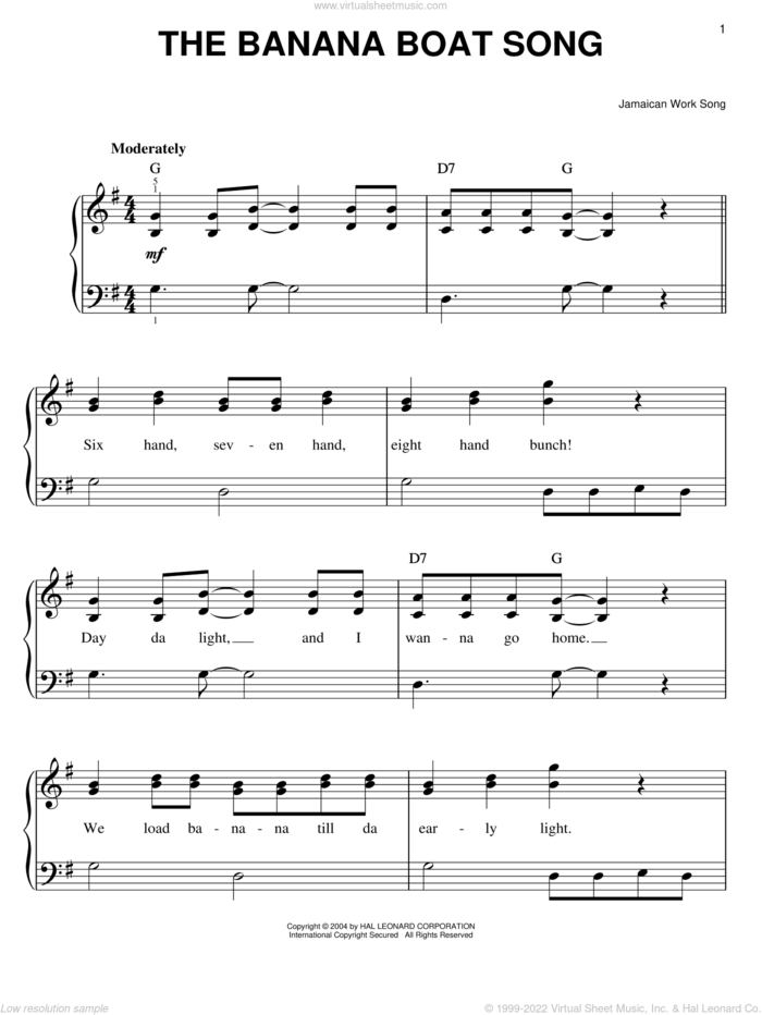 The Banana Boat Song (Day-O) sheet music for piano solo, easy skill level