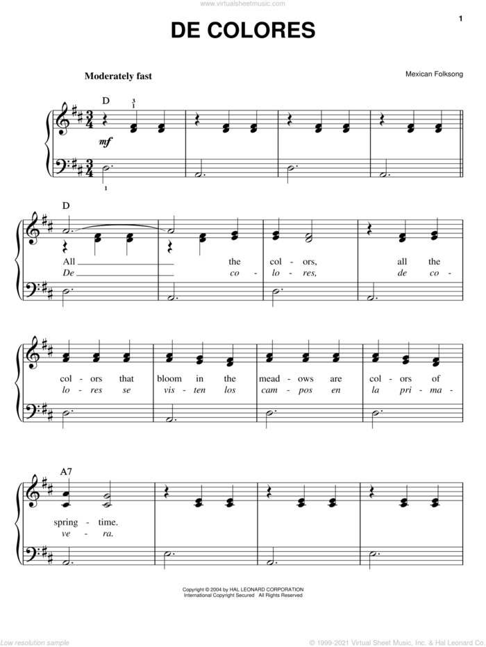 De Colores sheet music for piano solo, easy skill level