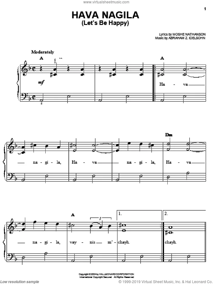 Hava Nagila (Let's Be Happy) sheet music for piano solo by Moshe Nathanson and Abraham Z. Idelsohn, easy skill level