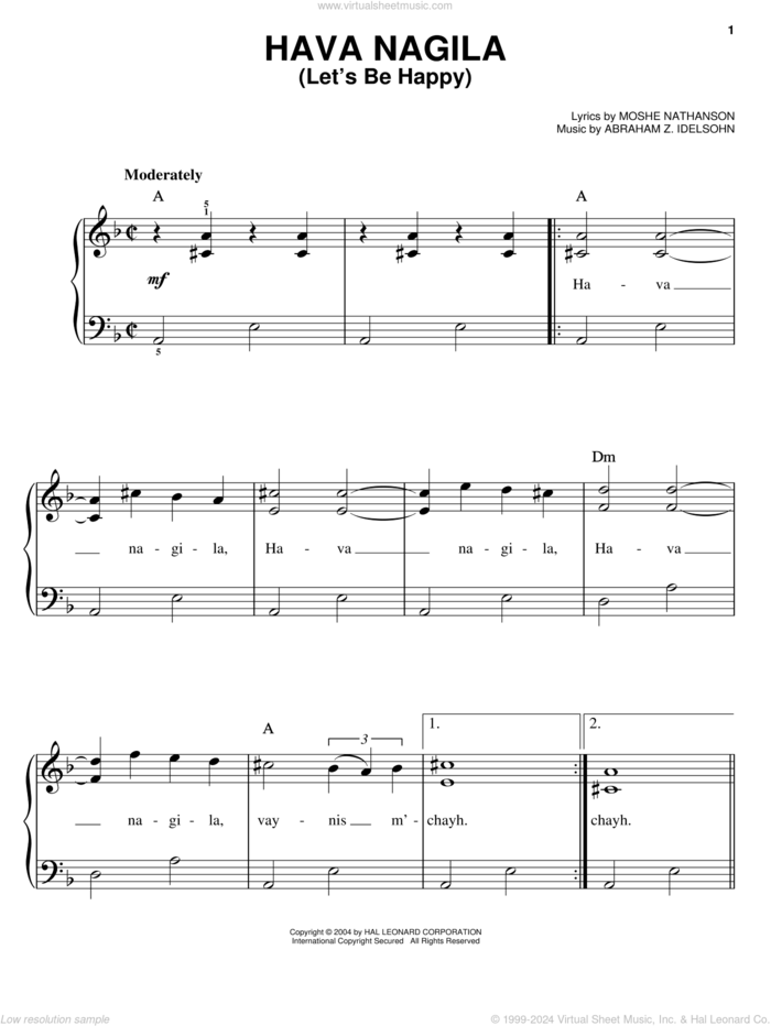 Hava Nagila (Let's Be Happy) sheet music for piano solo by Moshe Nathanson and Abraham Z. Idelsohn, easy skill level