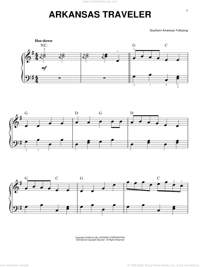 Arkansas Traveler sheet music for piano solo, easy skill level