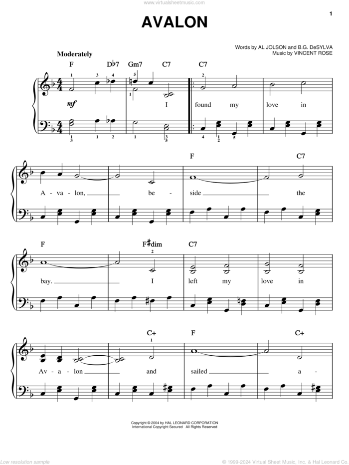 Avalon sheet music for piano solo by Al Jolson, Benny Goodman, Django Reinhardt, Buddy DeSylva and Vincent Rose, easy skill level