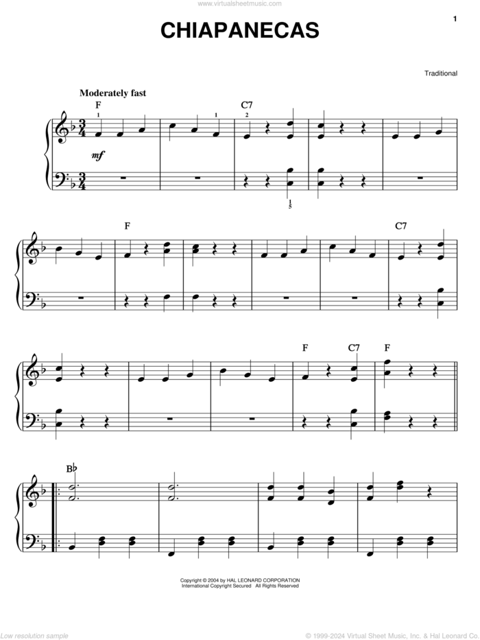 Chiapanecas sheet music for piano solo, easy skill level