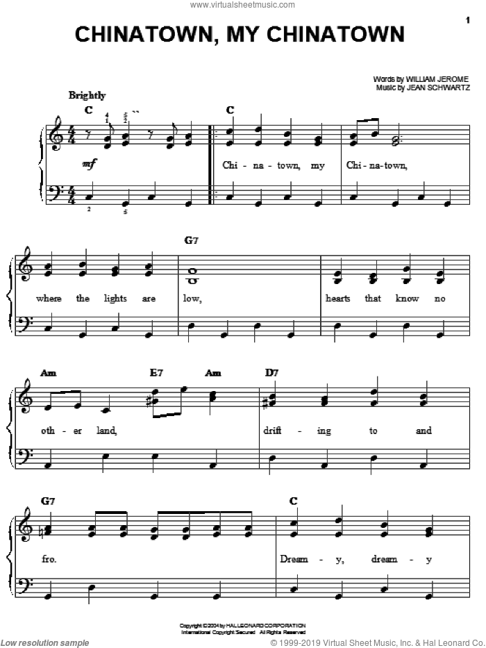 Chinatown, My Chinatown sheet music for piano solo by Louis Armstrong, Al Jolson, Louis Prima, Jean Schwartz and William Jerome, easy skill level