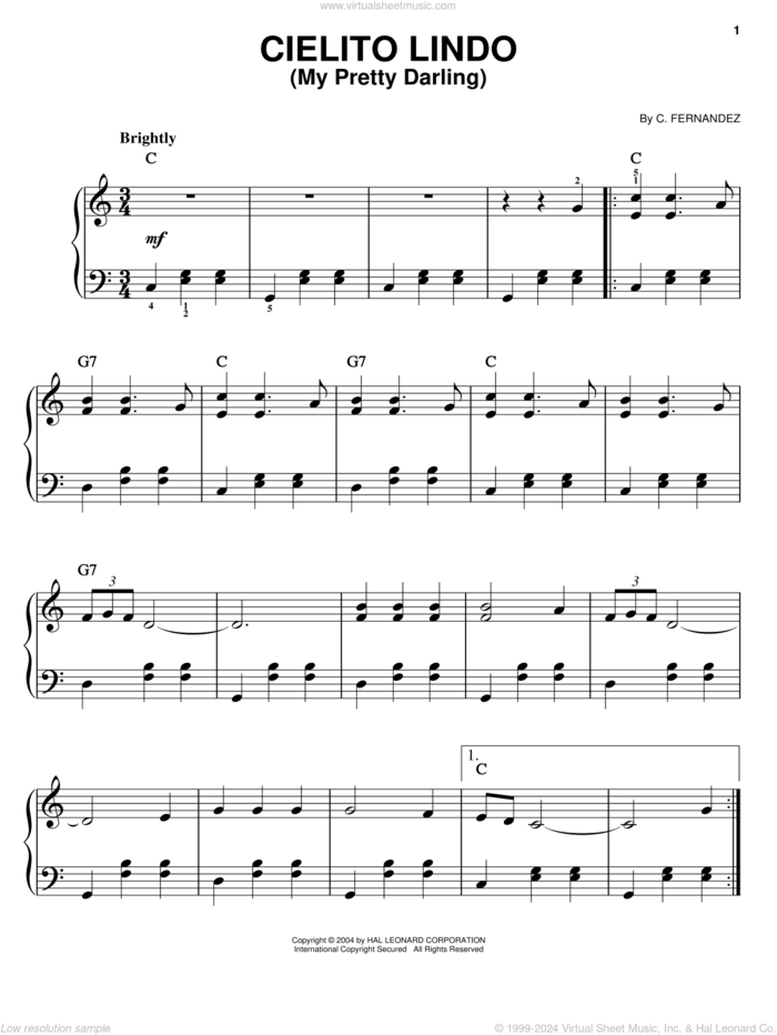 Cielito Lindo (My Pretty Darling) sheet music for piano solo by Cortez Fernandez, easy skill level