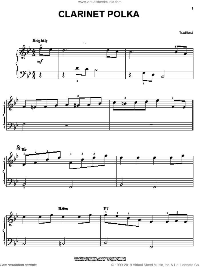Clarinet Polka, (easy) sheet music for piano solo, easy skill level